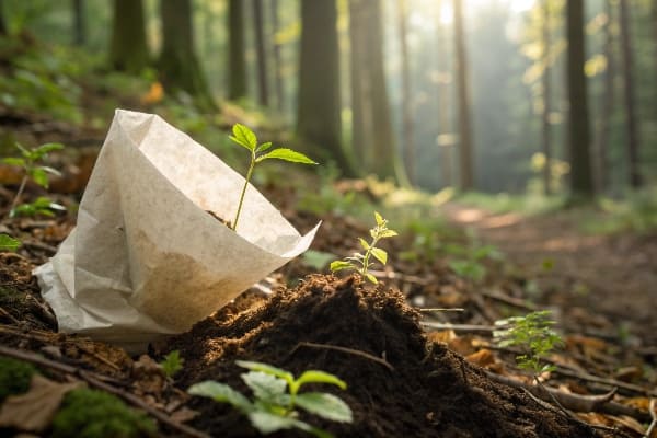生分解性紙で包まれた土の中で育つ若い植物
