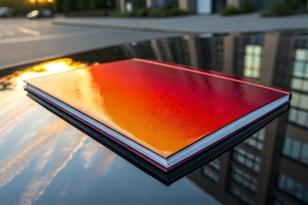 Glossy brochure with red-orange gradient cover