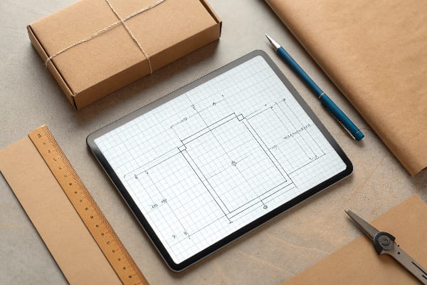 Tablet with dieline sketch and packaging tools