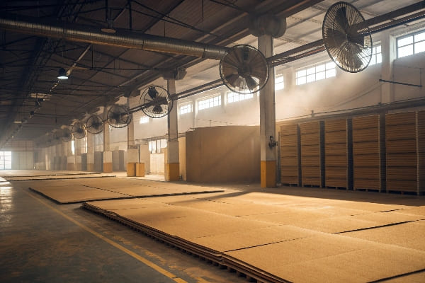 Láminas de cartón apiladas dentro de una gran fábrica industrial