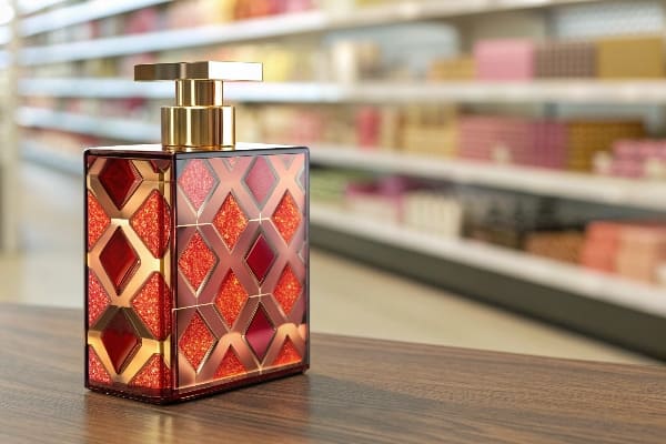 Luxury red perfume bottle on retail shelf