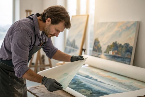 大きな風景画を検査するアーティスト