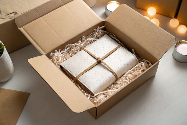 Opened shipping box with wrapped gift inside