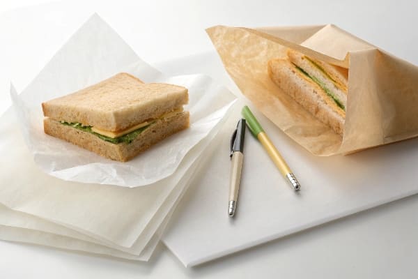 グラシン紙で包まれたサンドイッチとその横にペン