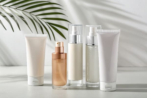 Envases cosméticos variados con diseño minimalista.