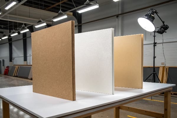 Tres tableros de exhibición colocados verticalmente sobre una mesa blanca