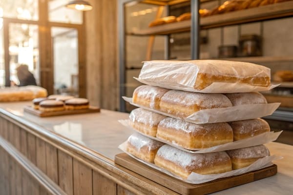 半透明の紙で包まれた積み重ねられたベーカリー製品