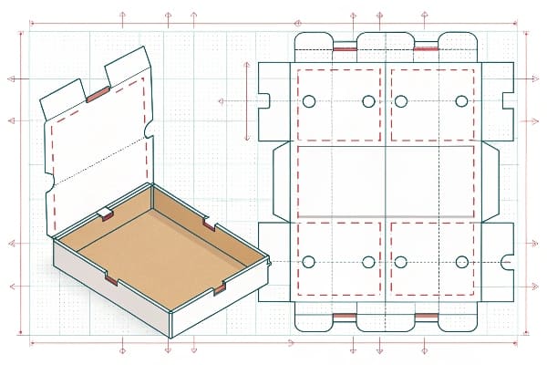 Packaging dieline and 3D box view on grid
