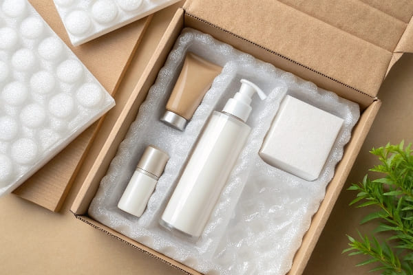 Productos cosméticos embalados de forma segura en plástico de burbujas dentro de una caja de cartón.