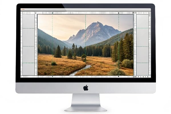 Computer screen showing dieline over landscape