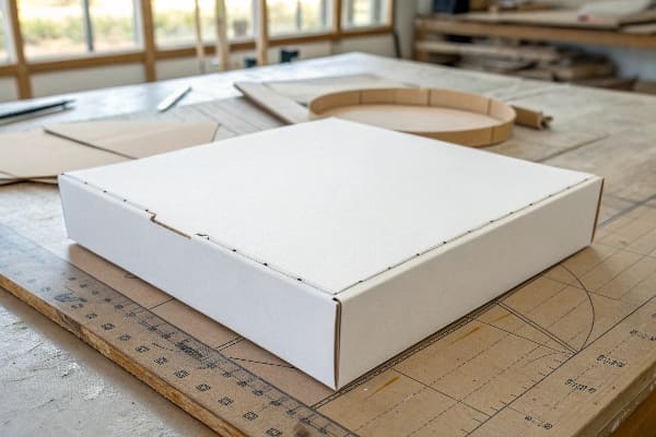 White cardboard box on cutting table
