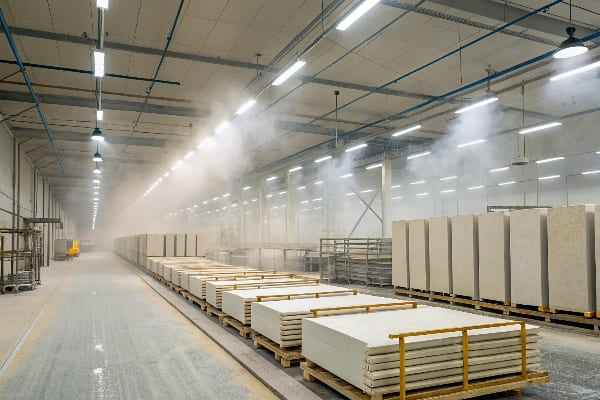 Interior de fábrica con losas de piedra apiladas sobre carros bajo un sistema de nebulización.