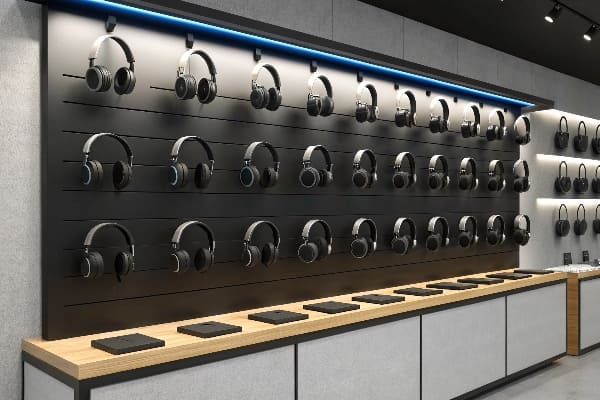 Mur de magasin d'électronique moderne avec une grille d'écouteurs et de tablettes