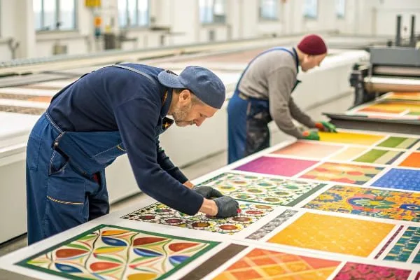 মুদ্রণ সুবিধায় রঙিন মুদ্রিত শিটগুলি পরিদর্শন করছেন কর্মীরা