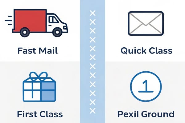 Infografía que muestra varios tipos de servicios de entrega de USPS con íconos