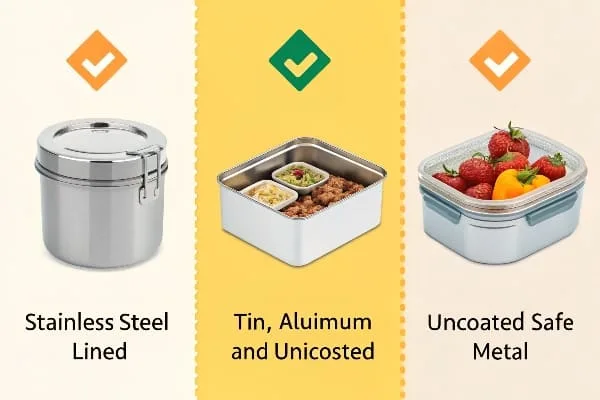 Tabela comparativa de recipientes metálicos seguros para alimentos, incluindo estanho, alumínio e aço inoxidável