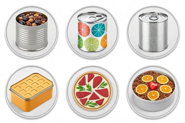 食品やスナックのさまざまな缶詰パッケージタイプを示すインフォグラフィック