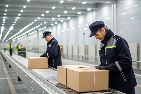 Funcionarios de aduanas inspeccionan cajas de cartón en una cinta transportadora en un puesto de control