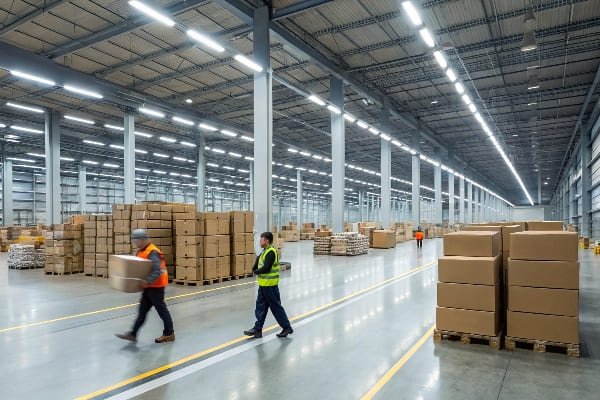 Gran almacén lleno de paletas apiladas y trabajadores manipulando paquetes.