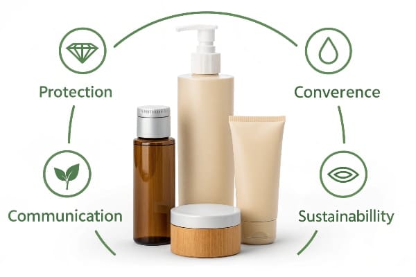 Diseño de envases cosméticos con iconos de protección y sostenibilidad.