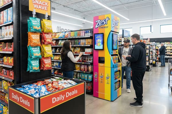 Ein lebhafter Supermarktgang mit einem prominent platzierten Zest Energy Drink-Display und interaktiven Bildschirmen, die bunte Dosen präsentieren. Eine Frau in schwarzer Weste stöbert durch Regale voller Snacktüten und Getränkedosen. Rechts vom Zest-Display unterhalten sich zwei Männer. Links sieht man ein „Snack Wave“-Chipsregal und einen mit verpackten Snacks gefüllten „Tagesangebote“-Behälter. Der Laden ist hell erleuchtet von modernen Leuchtstoffröhren, und im Hintergrund ist ein weiterer Kunde zu sehen.