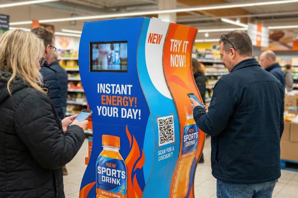Customers in a brightly lit supermarket aisle interact with a vibrant blue and orange promotional display for a 'NEW SPORTS DRINK'. The display features a video screen playing an ad, a large QR code for discounts, and prominent text promoting 'INSTANT ENERGY! YOUR DAY!' and 'TRY IT NOW!'. A woman and a man are both looking at their smartphones, likely engaging with the QR code or product information, while bottles of the orange-colored sports drink are visible at the base of the stand.