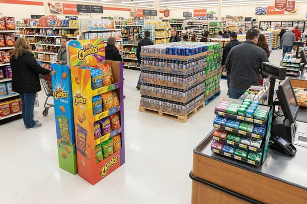 Innenansicht eines belebten Supermarkts mit Kunden. Im Vordergrund ein auffälliger Cheetos-Verkaufsstand mit verschiedenen Cheetos-Snacktüten und Cheetos Mints, neben einer Kasse mit Minzbonbons und Kaugummi. Im Mittelgrund sind große Paletten mit Pepsi- und Mountain-Dew-Dosen hochgestapelt. Mehrere Kunden sind zu sehen, einige stöbern durch die Gänge, andere warten an den Kassen. Im Hintergrund sieht man die langen Gänge eines gut sortierten Supermarkts mit Regalen voller Lebensmittel und der Beschilderung über den Regalen.