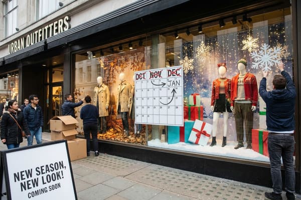 Urban Outfitters store window display undergoing a seasonal transformation from an autumn theme with mannequins in trench coats and fallen leaves to a festive winter and New Year theme. Store employees are actively arranging snowflake decorations and gift boxes, while mannequins on the right are dressed in holiday attire amidst artificial snow and fairy lights. A calendar in the window shows a transition from December to January, and a sidewalk sign announces 'NEW SEASON, NEW LOOK! COMING SOON'.