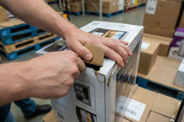 Close-up of a person's hands carefully opening a white cardboard box, likely containing a monitor or digital frame, in a warehouse or storage facility. The box shows images of the product, and blurred blue pallets and other brown boxes are visible in the background, indicating a logistics or retail environment.