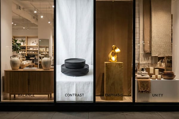 एक आधुनिक स्टोर विंडो डिस्प्ले जिसमें चार डिजाइन सिद्धांतों को प्रदर्शित किया गया है: 'बैलेंस' जिसमें एक लकड़ी का कैबिनेट, दो बड़े सिरेमिक फूलदान और गृह सज्जा के शेल्फ हैं; 'कंट्रास्ट' जिसमें सफेद मेज़पोश पर गहरे भूरे रंग की प्लेटों का ढेर है; 'एम्फेसिस' जिसमें भूरे रंग की पृष्ठभूमि पर एक सुनहरे पेडस्टल पर एक सुनहरे अमूर्त मूर्तिकला को दर्शाया गया है; और 'यूनिटी' जिसमें प्राकृतिक रंग के वस्त्र, लकड़ी के कटोरे और सफेद मोमबत्तियां प्रदर्शित की गई हैं, जो सभी एक सुसंगत और स्टाइलिश खुदरा प्रस्तुति में योगदान करते हैं।