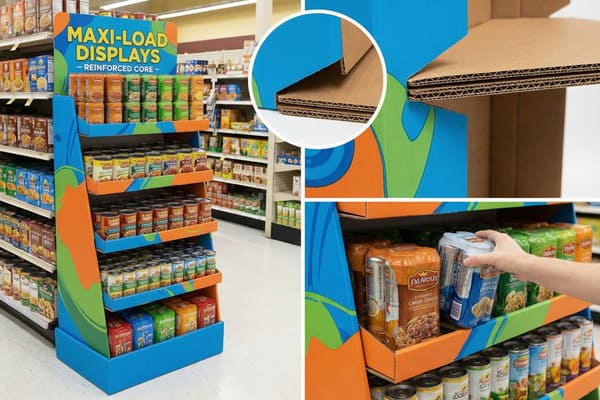 Ein leuchtend blauer, orangefarbener und grüner Maxi-Load-Aufsteller aus Wellpappe mit verstärktem Kern steht prominent in einem Supermarktregal und ist mit verschiedenen Konserven gefüllt. Nahaufnahmen heben die mehrlagige Wellpappenkonstruktion hervor und betonen ihre Stärke und Langlebigkeit. Eine Hand räumt Produkte in ein Regal ein.