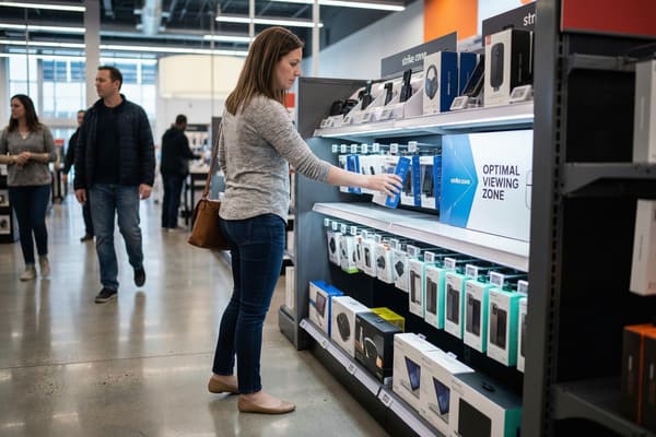 A woman in a modern retail electronics store is browsing a shelf filled with tech accessories, including phone cases and headphones. She is reaching for a blue-packaged product, with other shoppers visible in the background.