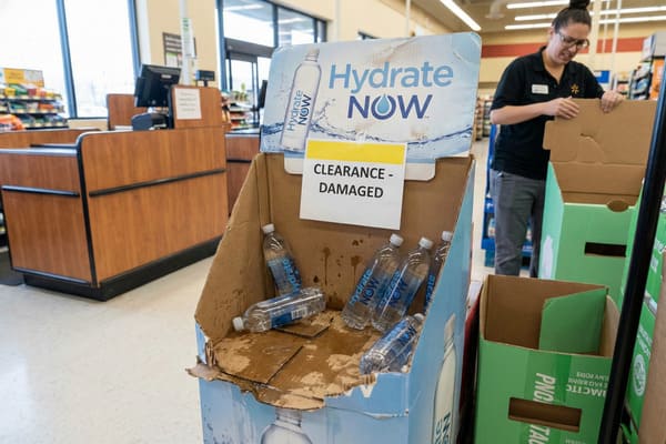 Ein beschädigter Kartonaufsteller für „Hydrate NOW“-Mineralwasserflaschen mit einem „Abverkauf – beschädigt“-Schild und mehreren Wasserflaschen in ausgelaufenen Wasserflecken. Im Hintergrund hantiert ein Walmart-Mitarbeiter mit Kartons an einer Kasse in einem Supermarkt.