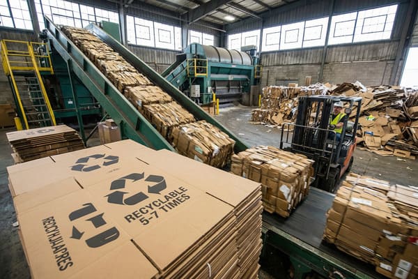 In einer industriellen Kartonrecyclinganlage bedient ein Arbeiter mit Schutzhelm und Warnweste einen Gabelstapler und befördert große Ballen flachgepresster Pappe auf ein Förderband. Im Vordergrund sind Stapel neuer, flacher Kartons zu sehen, die mit einem auffälligen Recycling-Symbol und dem Aufdruck „5-7 MAL RECYCELBAR“ versehen sind. Im Hintergrund türmen sich lose Kartonabfälle, und große Industriefenster lassen Tageslicht herein.