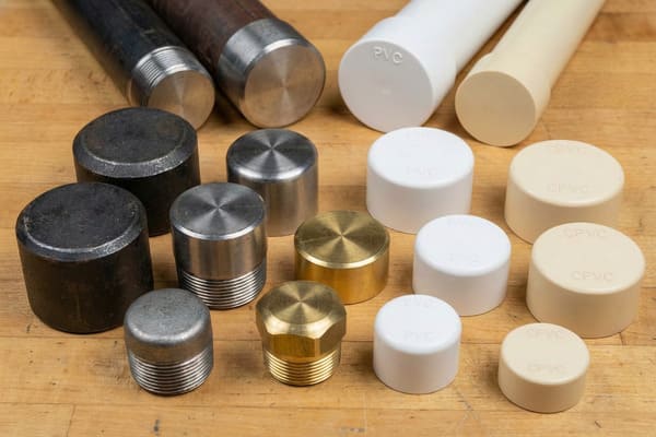 A comprehensive collection of pipe caps and plugs, showcasing various materials and designs, including threaded steel and brass plugs, as well as smooth white PVC and beige CPVC caps, arranged on a light wooden workbench.