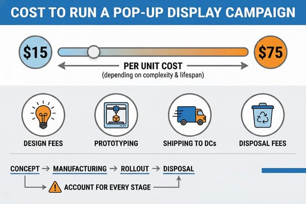 Infographic detailing the cost to run a pop-up display campaign, showing a per-unit cost range from $15 to $75 depending on complexity and lifespan. Key cost components include design fees, prototyping, shipping to distribution centers (DCs), and disposal fees. The image also illustrates the campaign lifecycle from concept to manufacturing, rollout, and disposal, emphasizing the need to account for every stage. A note highlights that short runs result in higher per-unit costs due to amortization of tooling.