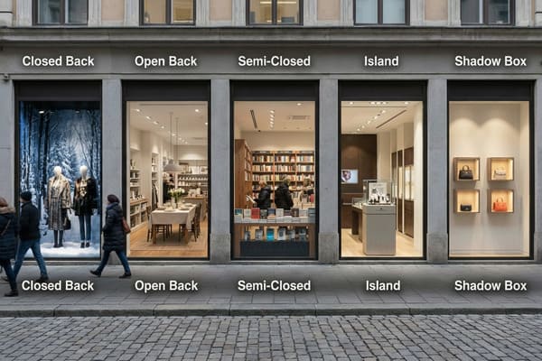 5種類の異なる小売ウィンドウディスプレイを、街頭レベルから俯瞰した全体像で紹介します。クローズドバックは、雪景色を背景に冬装いのマネキンを展示。オープンバックは、店内のダイニングルームを再現。セミクローズドは、本屋で買い物をする客を映し出す。アイランドは、台座の上に置かれた高級時計を展示。シャドーボックスは、照明付きの収納棚に置かれたデザイナーズハンドバッグを際立たせる。歩行者は、店舗前の石畳の歩道を歩いている。