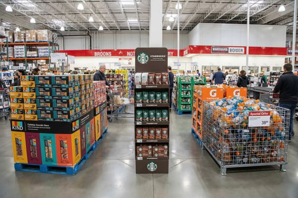 A wide shot inside a busy warehouse club store, possibly Costco, showing multiple product displays. On the left, large stacks of KIND snack bars are arranged on blue pallets. In the center, a tall brown Starbucks branded display stand features various bags of coffee. To the right, a metal bin overflows with colorful Gatorade bottles, marked with a 'Special Offer' price of $39.99. Shoppers browse the aisles under the store's high, industrial ceiling.
