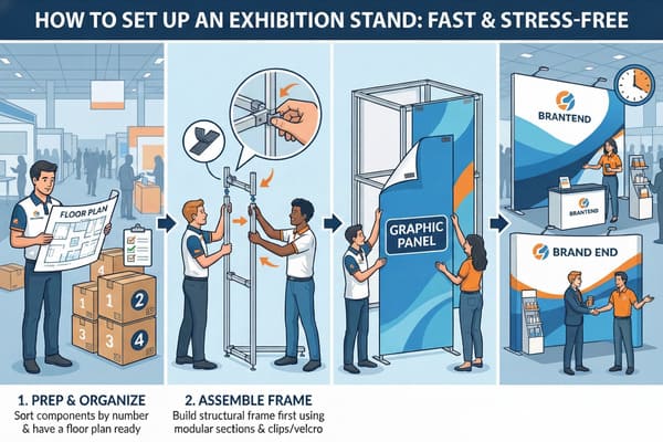 Detailed infographic illustrating a four-step process for fast and stress-free exhibition stand setup. Step 1: Prep & Organize, showing a man with a floor plan and numbered boxes. Step 2: Assemble Frame, depicting two men constructing a modular frame with clips and velcro. Step 3: Attach Panels, where a man and woman secure graphic panels onto the frame. Step 4: Finish & Network, showcasing completed 'BRANTEND' and 'BRAND END' booths with staff interacting with attendees, emphasizing quick completion.