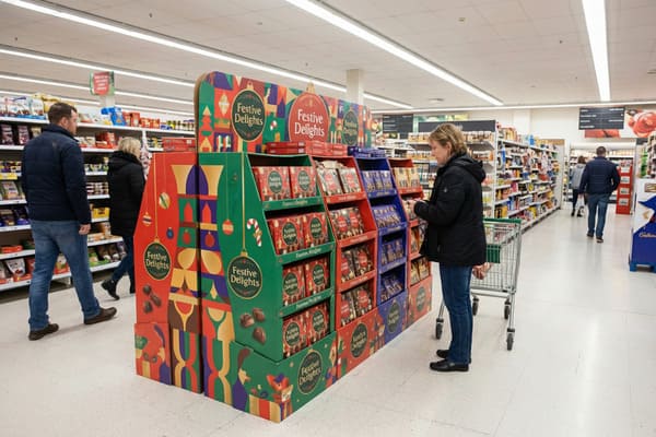 Dans une allée illuminée d'un supermarché, une vitrine festive et colorée, intitulée « Délices des Fêtes », présente une multitude de boîtes de chocolats et de confiseries de Noël. Une femme en veste noire examine les produits, son chariot à proximité, tandis que d'autres clients flânent dans le magasin animé.