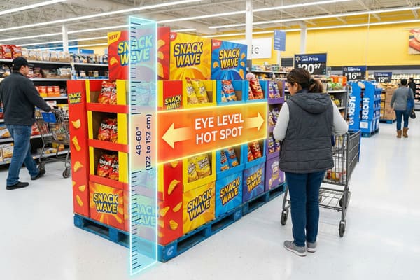 A vibrant 'Snack Wave' snack food display in a brightly lit Walmart grocery store aisle, featuring multiple shelves of chips and snacks like Doritos. An overlaid graphic highlights the 'Eye Level Hot Spot' at 48-60 inches (122-152 cm), emphasizing strategic product placement for maximum consumer attention. Shoppers, including a woman with a shopping cart and a man pushing a cart, are visible browsing products in the background, demonstrating a busy retail environment.