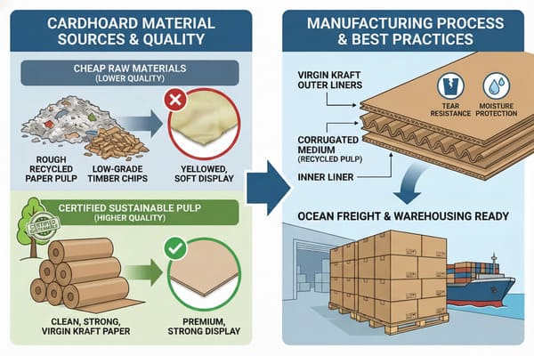 Infographic illustrating cardboard material sources, quality, manufacturing process, and logistics readiness. The left panel contrasts low-quality raw materials like rough recycled paper pulp and low-grade timber chips, which result in a yellowed, soft display, with higher quality certified sustainable virgin kraft paper, yielding a premium, strong display. The right panel details the corrugated cardboard structure with virgin kraft outer liners, recycled pulp corrugated medium, and an inner liner, emphasizing tear resistance and moisture protection. It concludes by showing stacked cardboard boxes on a pallet, prepared for ocean freight and warehousing, with a cargo ship in the background.
