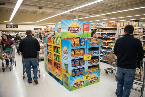 買い物客は明るく照らされた食料品店の通路を歩きながら、「サンライズ・スナック」の大きなプロモーションディスプレイの前を通り過ぎます。そこには、チップス、プレッツェル、その他のスナック菓子が入った袋が並んでいます。手前では黒いジャケットを着た男性がショッピングカートを押しており、カートに商品を入れた女性を含む他の客が、様々な食品が並ぶ近くの棚を眺めています。