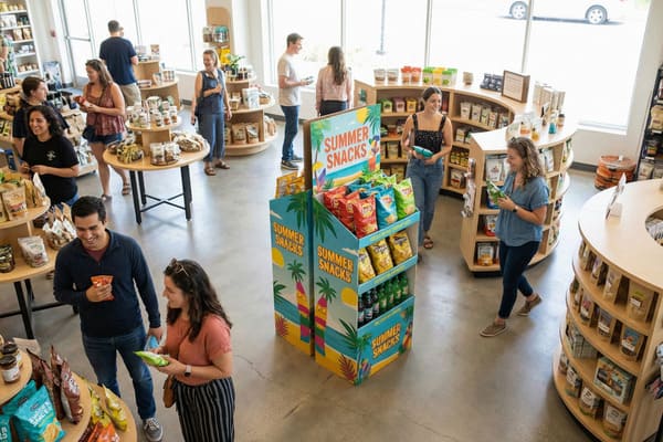 Яркий, современный продуктовый магазин, полный разнообразных покупателей, которые рассматривают широкий ассортимент упакованных закусок, орехов и деликатесов на деревянных полках и витринах. На яркой витрине «Летние закуски» в центре представлены пакеты чипсов и бутылки с напитками, привлекающие покупателей.