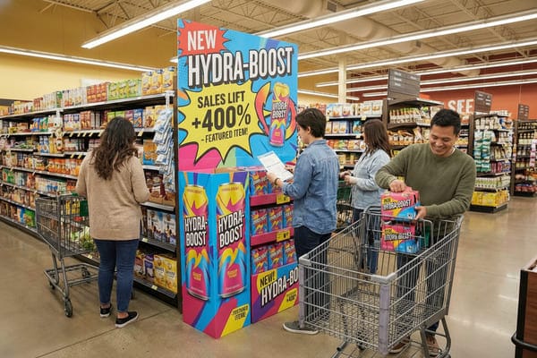 A vibrant grocery store aisle featuring a prominent 'NEW HYDRA-BOOST' beverage display with colorful cans and a 'SALES LIFT +400%' promotional message. A smiling man places a 6-pack of Hydra-Boost into his shopping cart, while other shoppers browse products nearby, illustrating successful product merchandising.