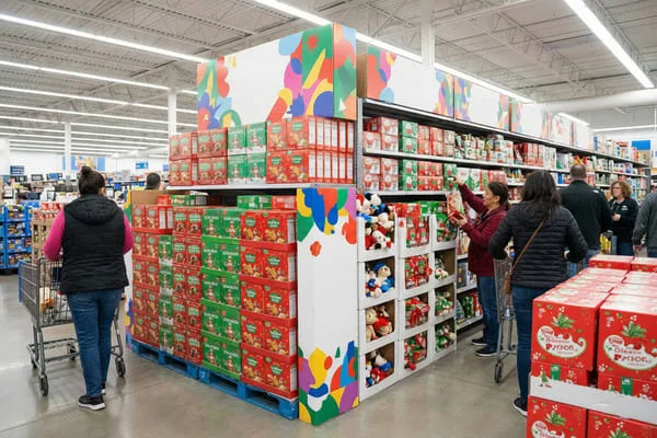 Dans une allée illuminée d'un supermarché, des clients parcourent les rayons décorés pour les fêtes, où s'empilent des boîtes rouges et vertes de céréales et de friandises aux couleurs de Noël, côtoyant des étagères remplies de peluches et de petits cadeaux. Les clients poussent leurs chariots tout en admirant les articles de saison.