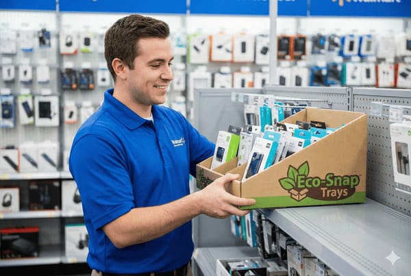Store employee organizing phone accessories in Eco-Snap tray on retail shelf