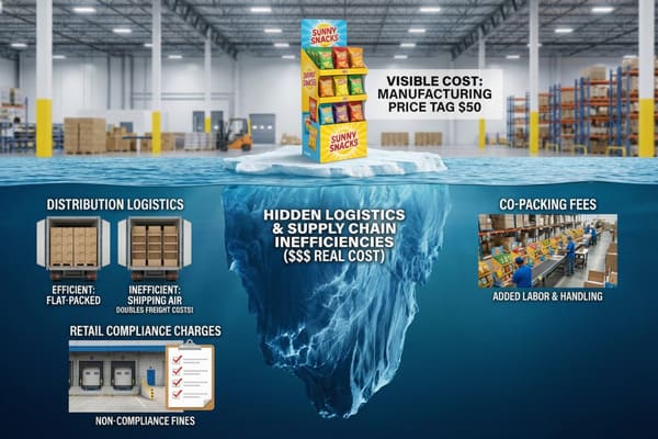An illustrative image using an iceberg metaphor to highlight the significant hidden costs in supply chain and logistics beyond the visible manufacturing price. The tip of the iceberg, above water, shows a 'Sunny Snacks' retail display with a 'Visible Cost: Manufacturing Price Tag $50' in a warehouse setting. The much larger submerged part of the iceberg represents 'Hidden Logistics & Supply Chain Inefficiencies ($$$ Real Cost)'. Surrounding the hidden iceberg are examples of these inefficiencies: 'Distribution Logistics' contrasting efficient flat-packed shipping with inefficient 'shipping air' that doubles freight costs; 'Co-packing Fees' illustrating 'Added Labor & Handling' for assembling displays; 'Retail Compliance Charges' leading to 'Non-compliance Fines' shown with loading docks and a checklist; and 'Missed Seasonal Windows' demonstrating 'Late Delivery = Wasted Investment' with a holiday launch calendar crossed out and products in a dumpster.