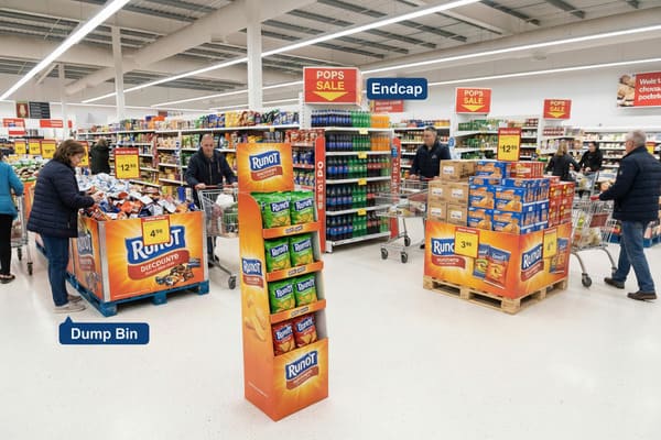 A bustling supermarket aisle showcasing various in-store retail displays. In the foreground, a large orange 'Runot Discounto' dump bin is filled with snack bags, priced at $4.99, with a woman browsing. Next to it, a tall 'Runot' floor stand display showcases individual bags of chips. Further down the aisle, a 'Runot' pallet display offers more snacks and boxed goods, with a man pushing a shopping cart nearby. An endcap display on the right features rows of bottled soft drinks under a 'POPS SALE' sign. Other shoppers and grocery shelves are visible in the background.