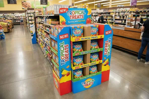 Dans un rayon d'un supermarché, un présentoir « Tropical Treats » aux couleurs vives (bleu, rouge et jaune) met en avant les slogans « NOUVEAU ! » et « Généreux en vrais fruits ! », ainsi que des illustrations d'ananas, de fraises et d'autres fruits. Le présentoir contient plusieurs paquets de ces friandises aux fruits, avec d'autres rayons et une caisse visibles en arrière-plan.